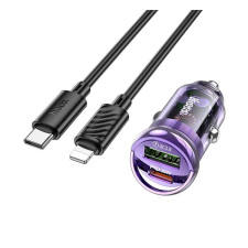 Hoco Z53A autós töltő USB+Type-C aljzat (5V/3A, 30W, PD gyorstöltő + Type-C - lightning kábel) LILA mobiltelefon kellék