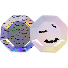  Holografikus fényes denevér mintás tányér Halloween-re 23 cm, 6 db party kellék