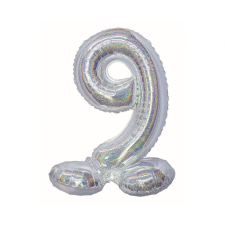Holographic Silver, Ezüst 9-es szám fólia lufi talppal 72 cm party kellék