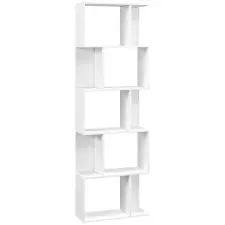 HomCom Könyvespolc 5 különálló polccal, S alakú fa könyvespolc, 60x24x184,5 cm, Fehér bútor