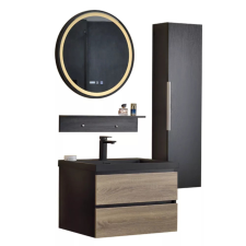 homedepo Blackwood 60 komplett fürdőszoba bútor fali mosdószekrénnyel, fekete mosdóval, tükörrel és magas szekrénnyel fürdőszoba bútor