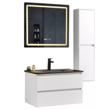 homedepo Hongkong White 80 komplett fürdőszoba bútor szett fali mosdószekrénnyel, fekete mosdóval, tükörrel és magas szekrénnyel fürdőszoba bútor