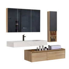homedepo Toronto 120 Exclusive komplett fürdőszoba bútor szett mosdószekrénnyel márványmintás mosdópulttal, tükrös szekrénnyel, szekrénnyel fürdőszoba bútor