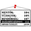 . Információs tábla, 22,5x12,5 cm, "Mentők tűzoltók, rendőrség telefonszámok", fehér