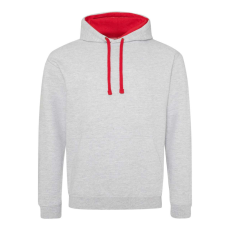 Just Hoods Uniszex kapucnis pulóver kontrasztos színű kapucni béléssel AWJH003, Heather Grey/Fire Red-2XL