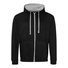 Just Hoods Uniszex pulóver kontrasztos színű cipzárral kapucnival AWJH053, Jet Black/Heather Grey-M
