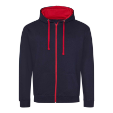 Just Hoods Uniszex pulóver kontrasztos színű cipzárral kapucnival AWJH053, New French Navy/Fire Red-M