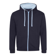 Just Hoods Uniszex pulóver kontrasztos színű cipzárral kapucnival AWJH053, New French Navy/Sky Blue-XL
