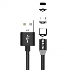 Kaku Magnetic 3in1 kábel USB - Lightning / USB-C / Micro USB 3A 1m, fekete kábel és adapter