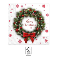 Karácsony Merry Xmas Wreath, Karácsony szalvéta 20 db-os, 33x33 cm FSC party kellék