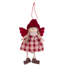  Karácsonyfadísz - Kötött sapkás angyal kockás, piros-fehér ruhában fajáték