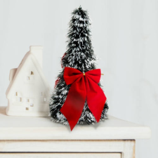  Karácsonyi, asztali műfenyő - havas - 2 piros masnival - 26 cm műfenyő