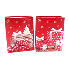  Karácsonyi dísztasak piros, glitteres - többféle minta 30*42*12 cm ajándéktasak