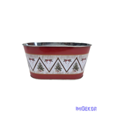  Karácsonyi mintás bádog kaspó ovál - Fagyal dekorációs kellék