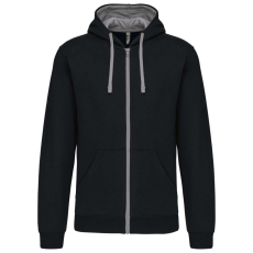 KARIBAN Férfi cipzáras pulóver kontrasztos bélésű kapucnival, Kariban KA466, Black/Fine Grey-XL