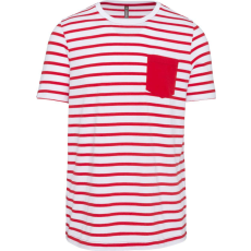 KARIBAN Férfi tengerész csíkos rövid ujjú póló mellzsebbel, Kariban KA378, Striped White/Red-3XL