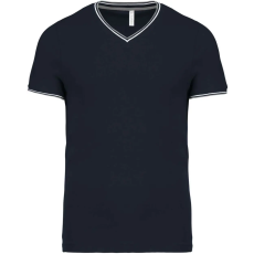 KARIBAN Férfi V-nyakú piké póló, kontrasztos szélekkel, Kariban KA374, Navy/Light Grey/White-2XL