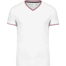 KARIBAN Férfi V-nyakú piké póló, kontrasztos szélekkel, Kariban KA374, White/Navy/Red-S