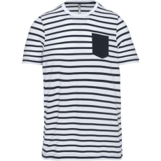 KARIBAN Gyermek matrózcsíkos pamut póló zsebbel, Kariban KA379, Striped White/Navy-12/14