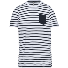 KARIBAN Gyermek matrózcsíkos pamut póló zsebbel, Kariban KA379, Striped White/Navy-8/10 gyerek póló