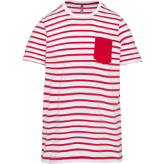 KARIBAN Gyermek matrózcsíkos pamut póló zsebbel, Kariban KA379, Striped White/Red-12/14