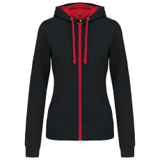 KARIBAN Női cipzáras pulóver kontrasztos bélésű kapucnival, Kariban KA467, Black/Red-2XL