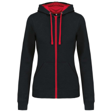 KARIBAN Női cipzáras pulóver kontrasztos bélésű kapucnival, Kariban KA467, Black/Red-XL női pulóver, kardigán
