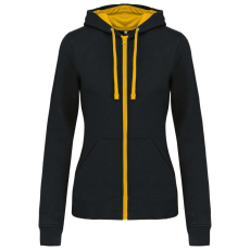 KARIBAN Női cipzáras pulóver kontrasztos bélésű kapucnival, Kariban KA467, Black/Yellow-XS