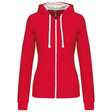 KARIBAN Női cipzáras pulóver kontrasztos bélésű kapucnival, Kariban KA467, Red/White-2XL