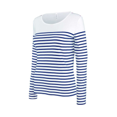 KARIBAN Női hosszú ujjú, csíkos pamut póló, Kariban KA386, Striped White/Navy-S