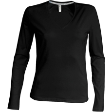 KARIBAN Női hosszú ujjú V-nyakú pamut póló, Kariban KA382, Black-2XL