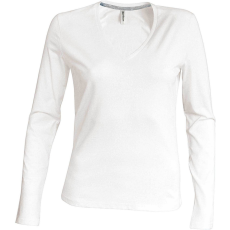 KARIBAN Női hosszú ujjú V-nyakú pamut póló, Kariban KA382, White-2XL