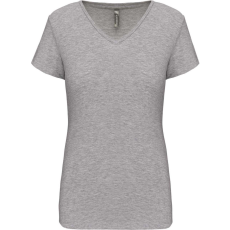 KARIBAN Női rövid ujjú V-nyakú sztreccs póló, Kariban KA3015, Light Grey Heather-M