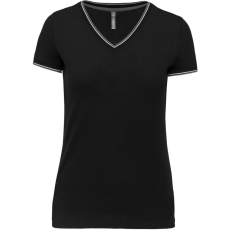 KARIBAN Női V-nyakú piké póló, csíkos szélekkel, Kariban KA394, Black/Light Grey/White-M