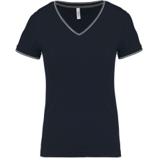 KARIBAN Női V-nyakú piké póló, csíkos szélekkel, Kariban KA394, Navy/Light Grey/White-L
