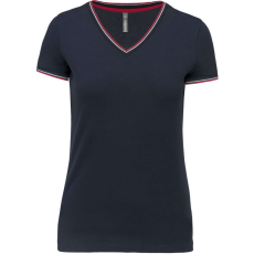 KARIBAN Női V-nyakú piké póló, csíkos szélekkel, Kariban KA394, Navy/Red/White-XS