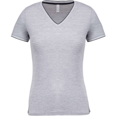 KARIBAN Női V-nyakú piké póló, csíkos szélekkel, Kariban KA394, Oxford Grey/Navy/White-XS