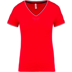 KARIBAN Női V-nyakú piké póló, csíkos szélekkel, Kariban KA394, Red/Navy/White-S
