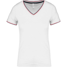 KARIBAN Női V-nyakú piké póló, csíkos szélekkel, Kariban KA394, White/Navy/Red-2XL