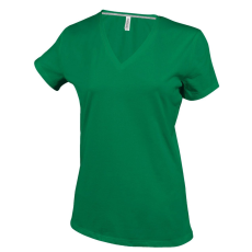 KARIBAN Női V-nyakú rövid ujjú pamut póló, Kariban KA381, Kelly Green-2XL