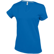 KARIBAN Női V-nyakú rövid ujjú pamut póló, Kariban KA381, Light Royal Blue-L