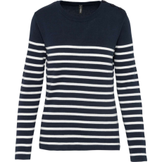 KARIBAN Női vállon gombolós csíkos pulóver, Kariban KA990, Striped Navy/Off White-L