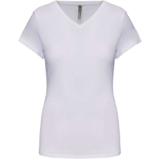 KARIBAN rövid ujjú Női V-nyakú sztreccs póló KA3015, White-2XL