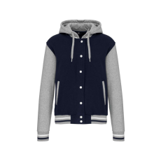 KARIBAN Uniszex kapucnis patentos vastag pulóver, Kariban KA4003, Navy/Oxford Grey/White-XS