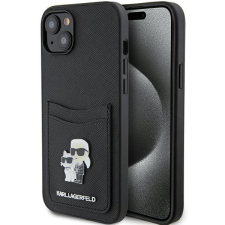 Karl Lagerfeld KLHCP15SSAPKCNPK iPhone 15 6.1&quot; fekete keménytok Saffiano kártyatartóval Karl&amp;Choupette fém kitűző tok és táska
