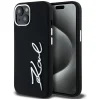 Karl Lagerfeld Silicone Metal Script Logo iPhone 15 hátlap tok kameravédelemmel, fekete