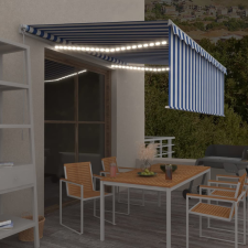 Kék és fehér LED-es kézzel kihúzható napellenző redőnnyel 4x3 m kerti bútor