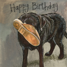 Képeslap Alex Clark borítékkal, 14x14 cm, Labrador papuccsal HBD képeslap