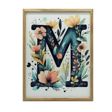  KERET FALI PLAKÁT M BETŰ VIRÁGOK LEVÉLEK 30x40 CM FEKETE grafika, keretezett kép
