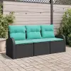  Kerti Kanapé Szett tárolóval 3 pcs Fekete és türkiz Poli rattan